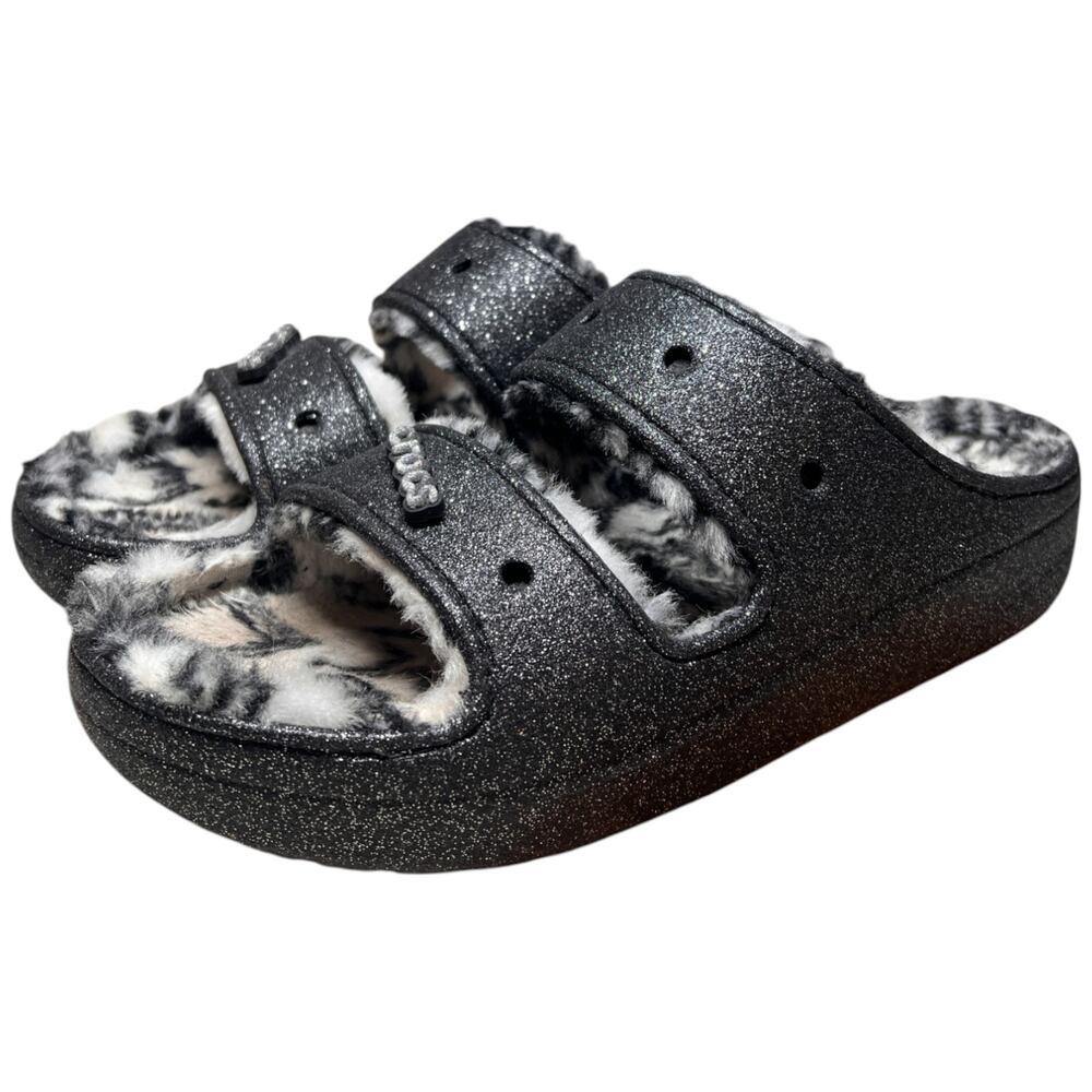 CROCS Classic Cozzzy Disco Glitter Sandal Men 13 Comfort Zebra Fur Lining 208074